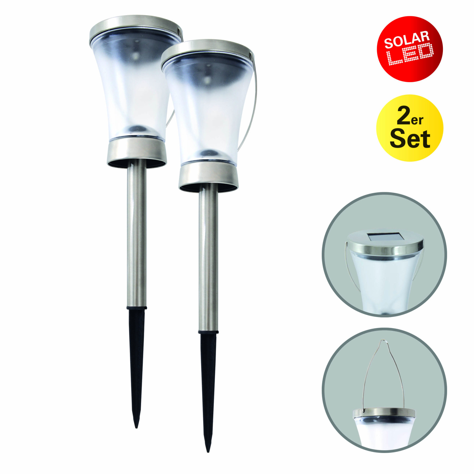 2er-Set LED-Solarleuchte - Edelstahl - mit Erdspieß - 39,5 cm
