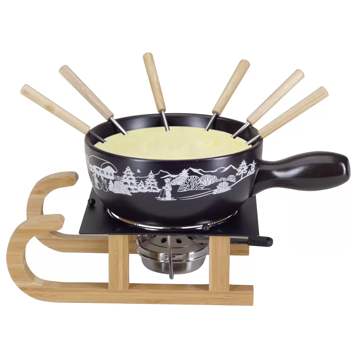 Käsefondue Set 11tlg. Wintersport schwarz,braun