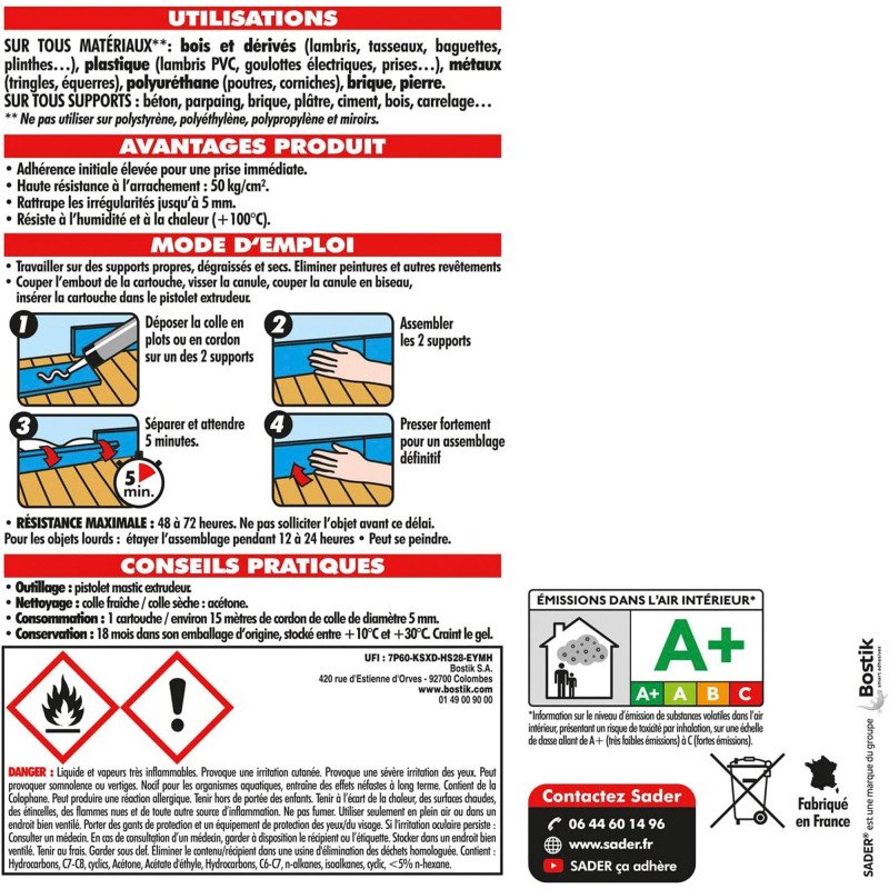 Mastic de fixation multi-usages type néoprène Sader - Cartouche de 310 ml