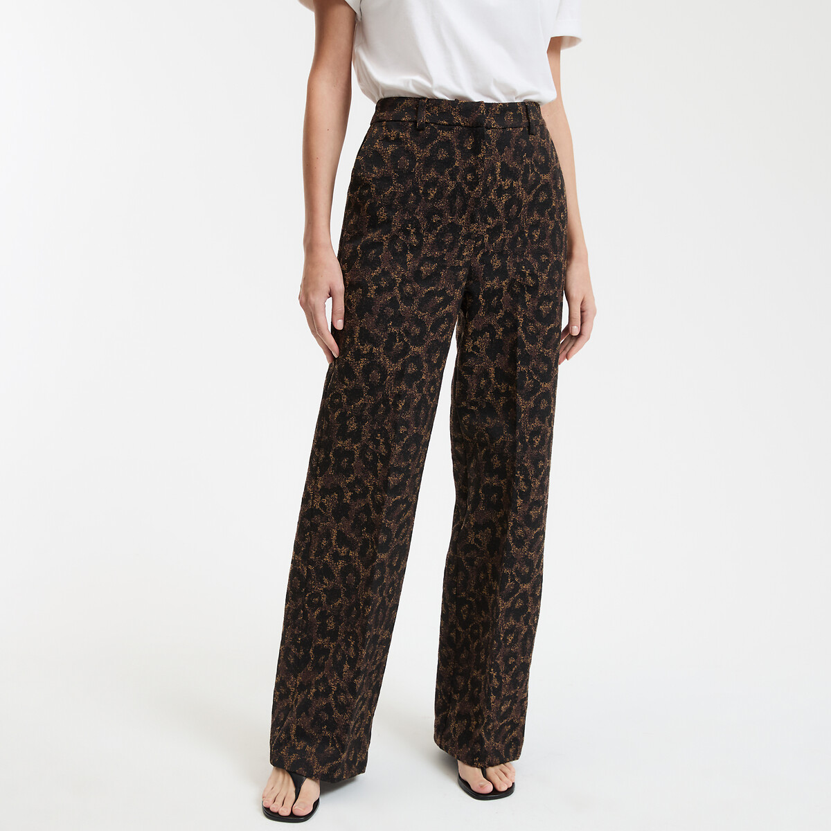 COLEÇÕES LA REDOUTE<br>Calças retas de cintura alta em jacquard de leopardo