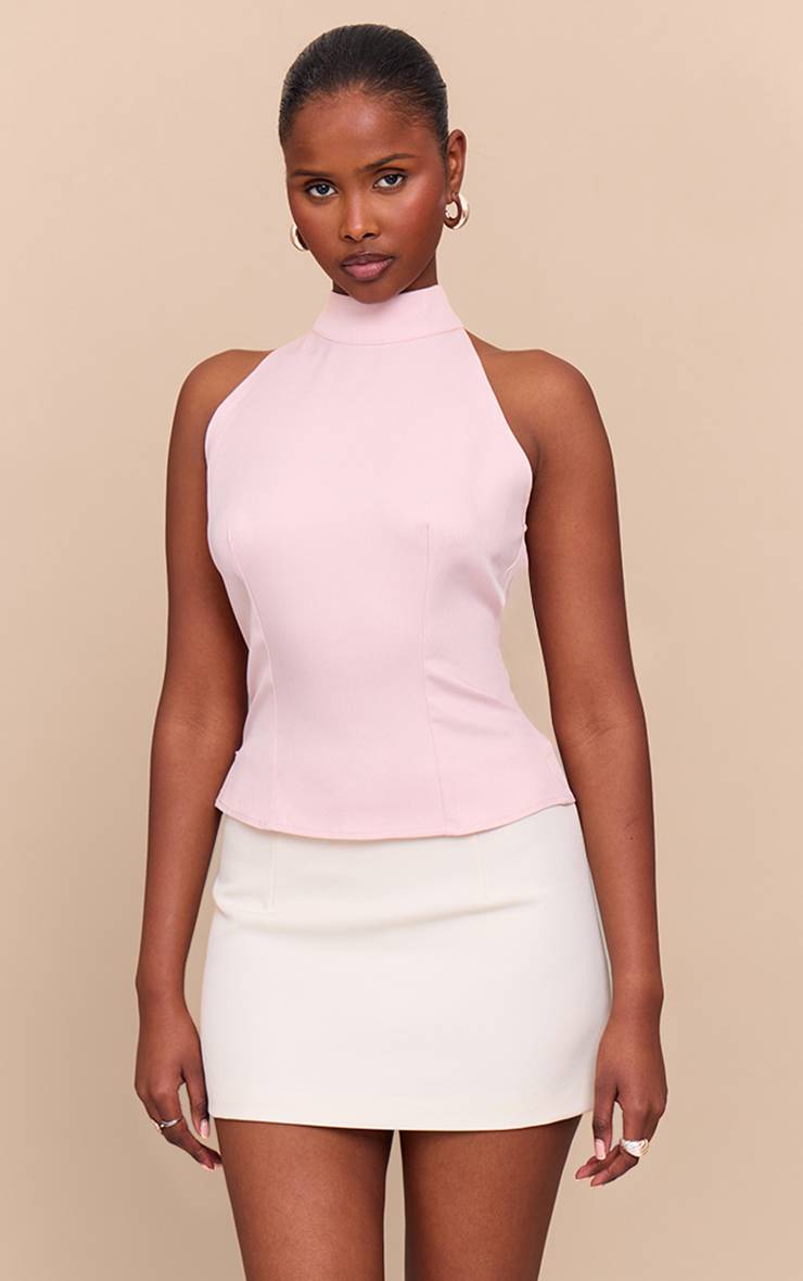 Rose Pâle Haut Tissé Col Montant Avec Détail Nœud