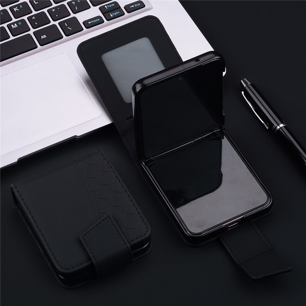 Samsung Galaxy Z Flip7 Leder Tasche Flip Cover Rhombus Imprint - Schwarz