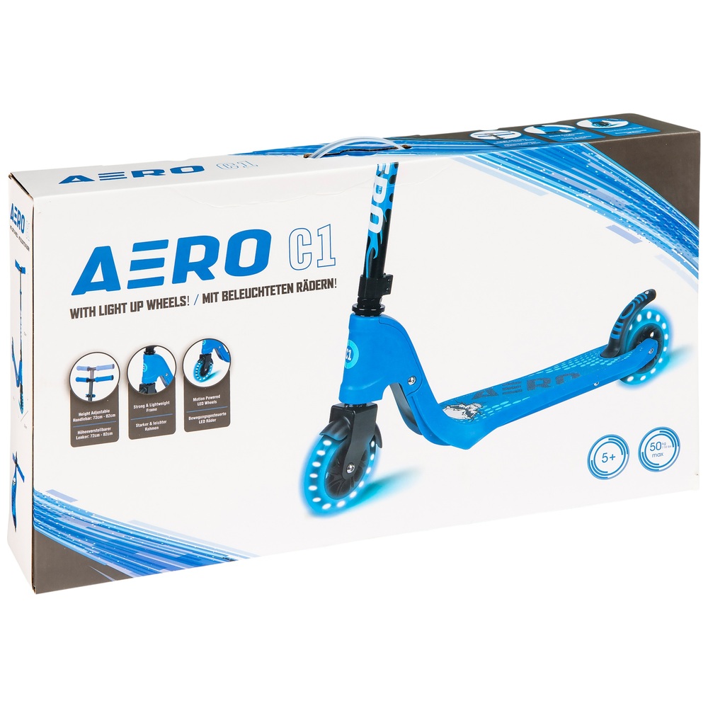 Aero C1 Blauer Inline-Scooter mit leuchtenden LED-Rädern