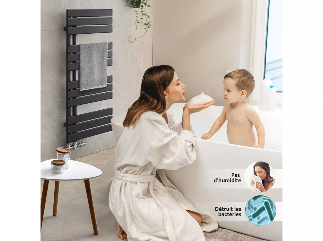 EMKE Sèche-serviettes à Eau Chaude Panneau Plat, Sèche-serviettes connexion latérale pour, Noir 752x600mm 479Watts