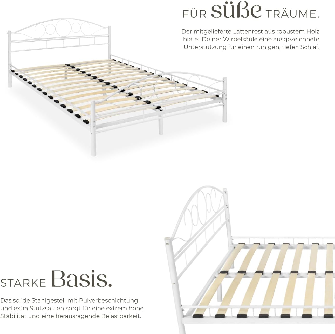 tectake® Metallbett, Bettgestell mit Lattenrost, Einzelbett, Doppelbett aus Metall, Bettrahmen mit Kopfteil Bett für Schlafzimmer, Gästezimmer, Gästebett, Jugendzimmer - 200 x 140 cm, weiß/weiß