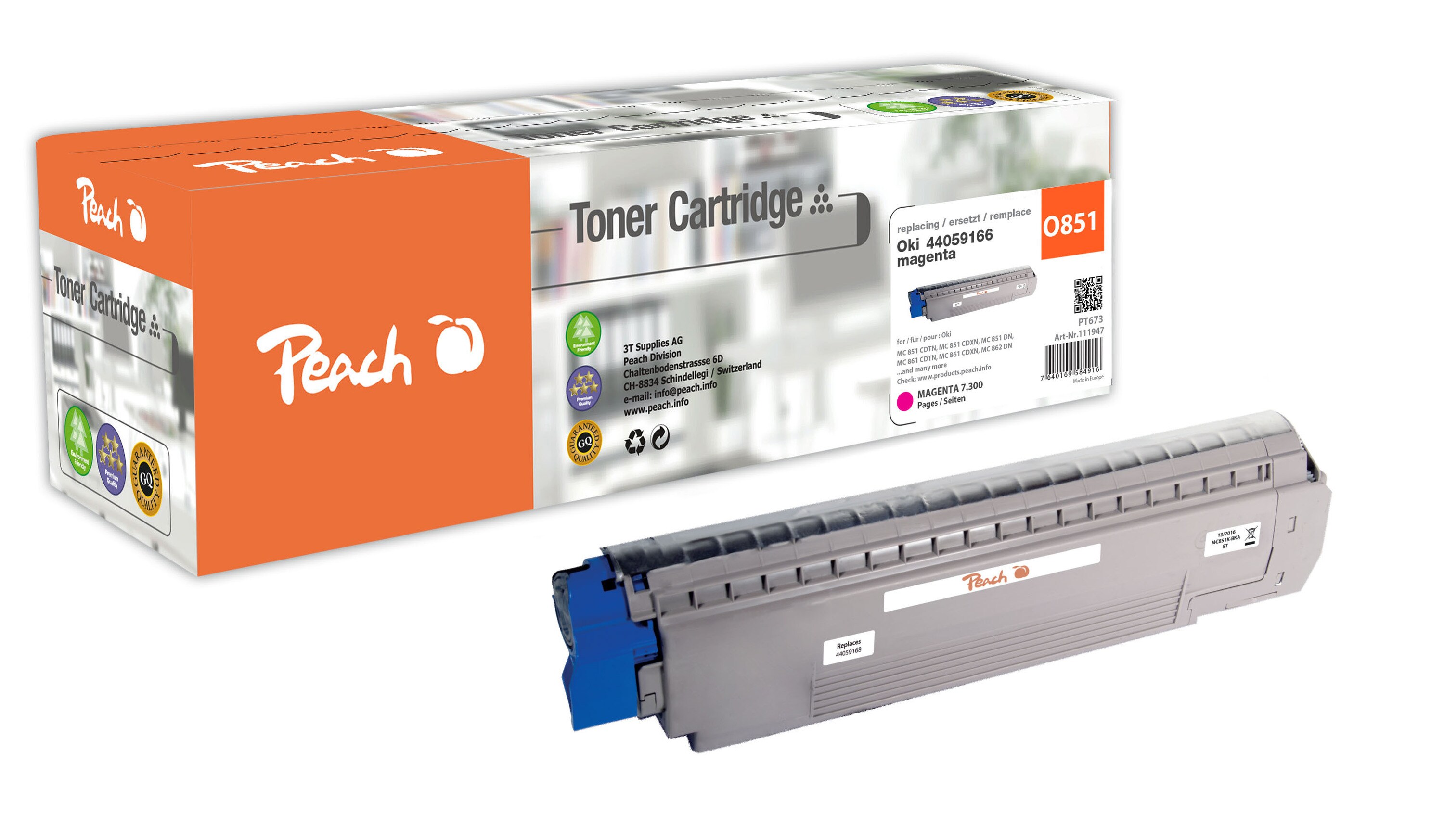 Peach O4405Toner ma ersetzt OKI 44059166 für z.B. OKI MC 851 CDTN, OKI MC 851 CDXN, OKI MC 851 DN, OKI MC 851 DN plus, OKI MC 861 CDTN (wiederaufbereitet)