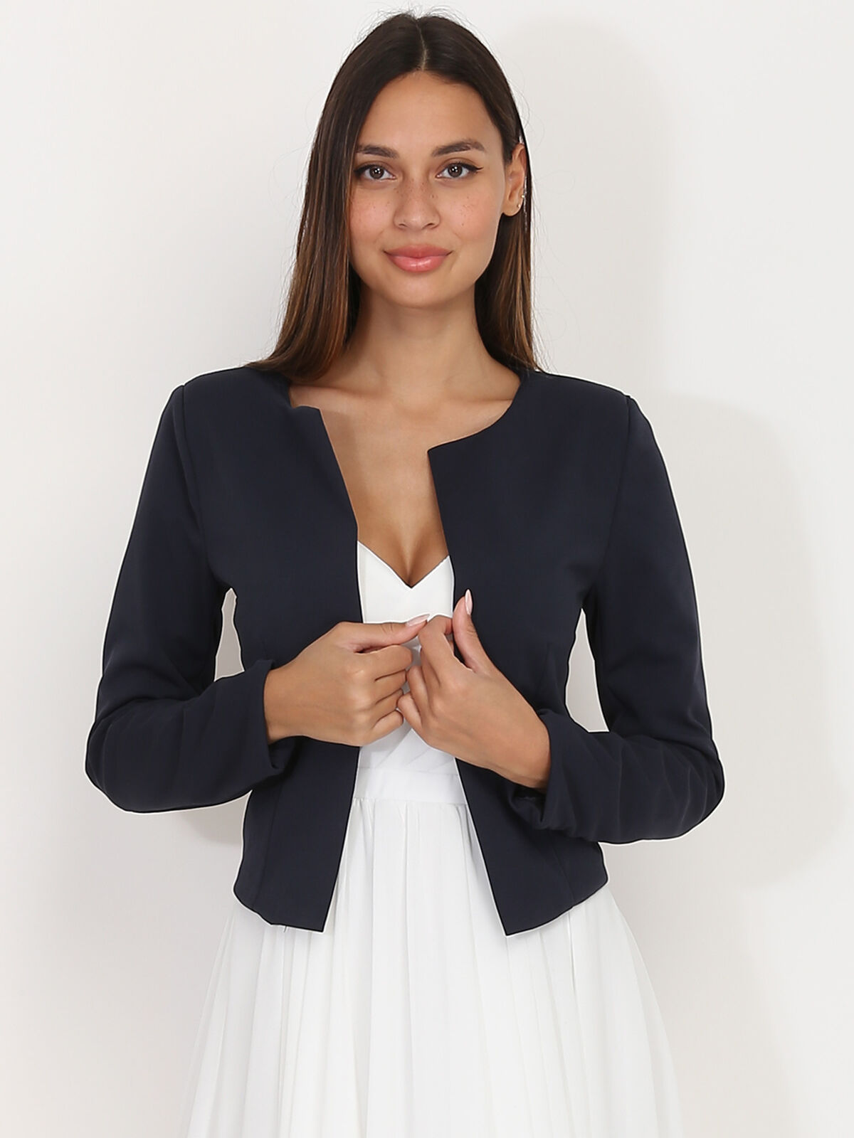 Veste courte sans col- Bleu marine