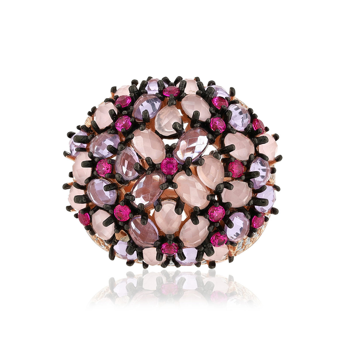 Bague argent 925 rose et ruthénium noir zirconias multicolores