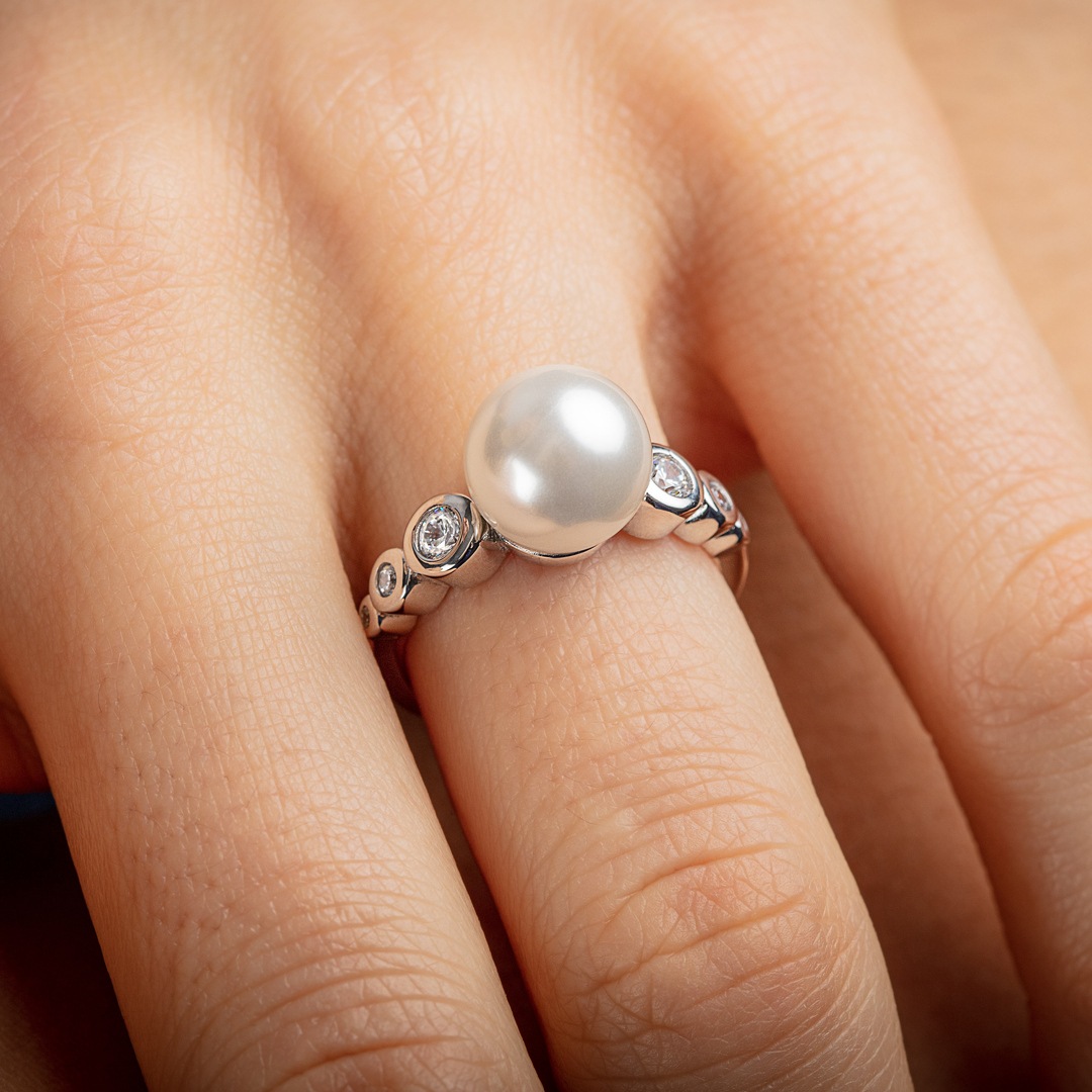 Damenring 925 Silber rhodiniert mit Kunstperle 10mm & Zirkonia