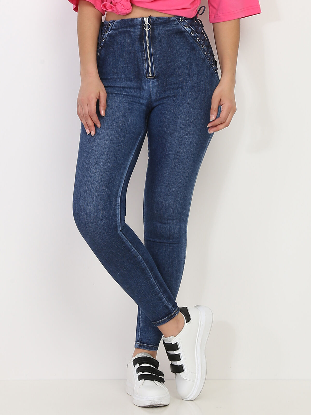 Jeans skinny avec zip et laçage- Bleu