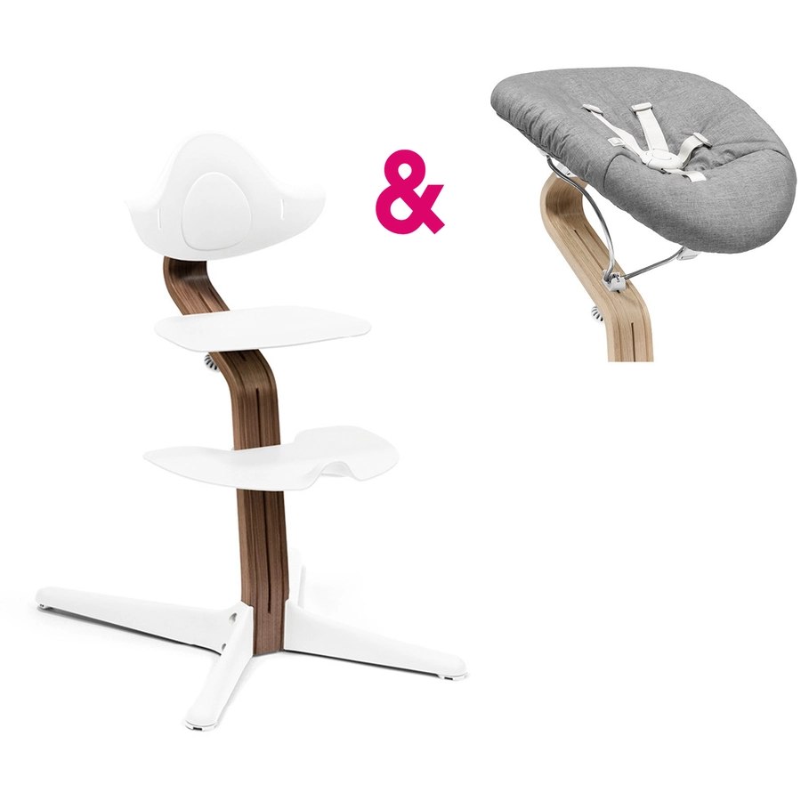 STOKKE® Nomi® Hochstuhl Walnuss  weiß inkl. Newborn Set weiß  grau blau