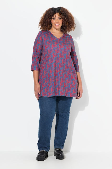 Longshirt, Batikmuster, A-Linie, V-Ausschnitt, 3/4-Arm