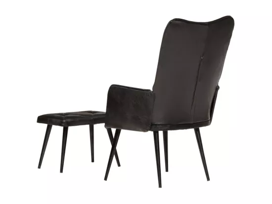 Fauteuil à oreilles avec repose-pied Noir Cuir véritable