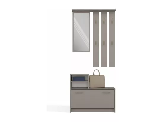 VITTORIA - Vestiaire d'entrée - Patère murale + miroir + rangement chaussures - 180x85x24 - Meuble d'entrée - Gris