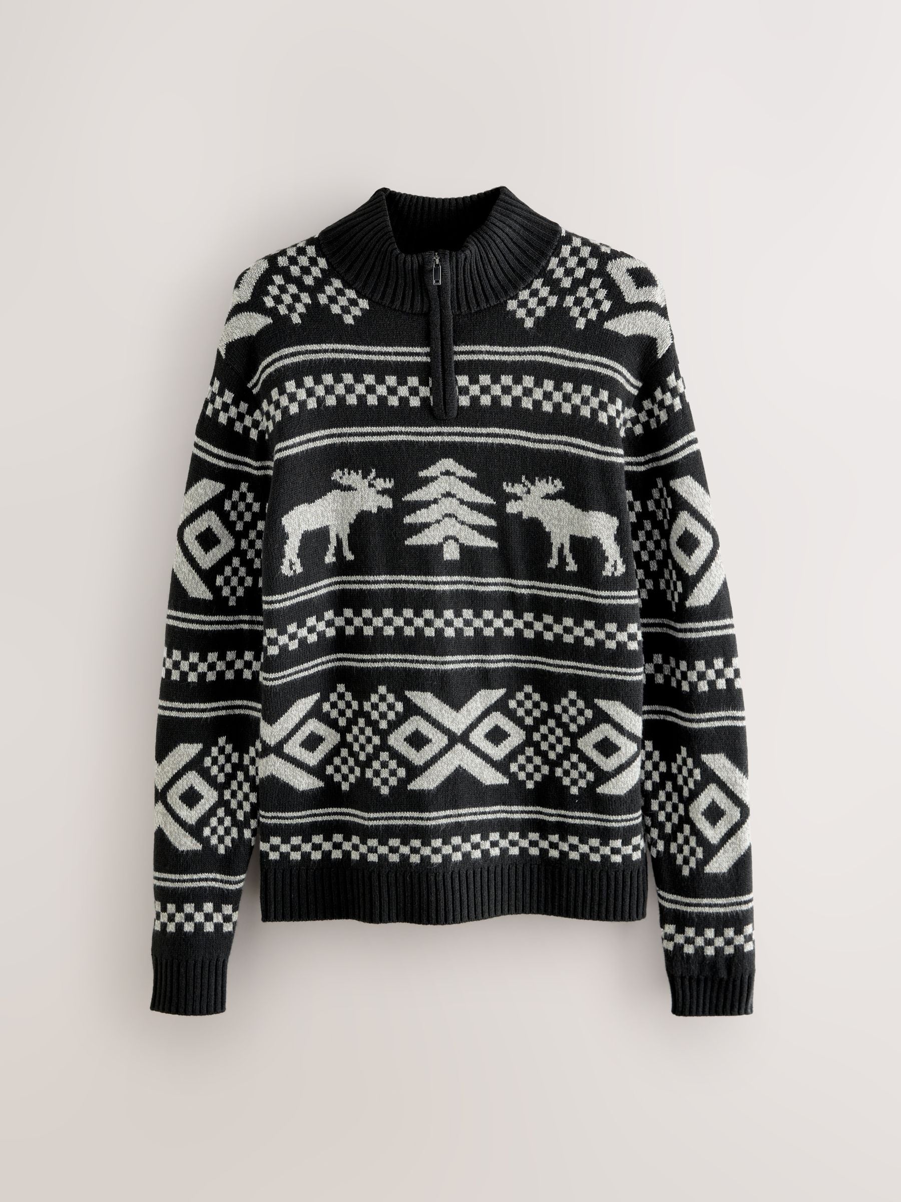 Zwart/wit - Kersttrui met moose en kwartrits bij de hals van wol