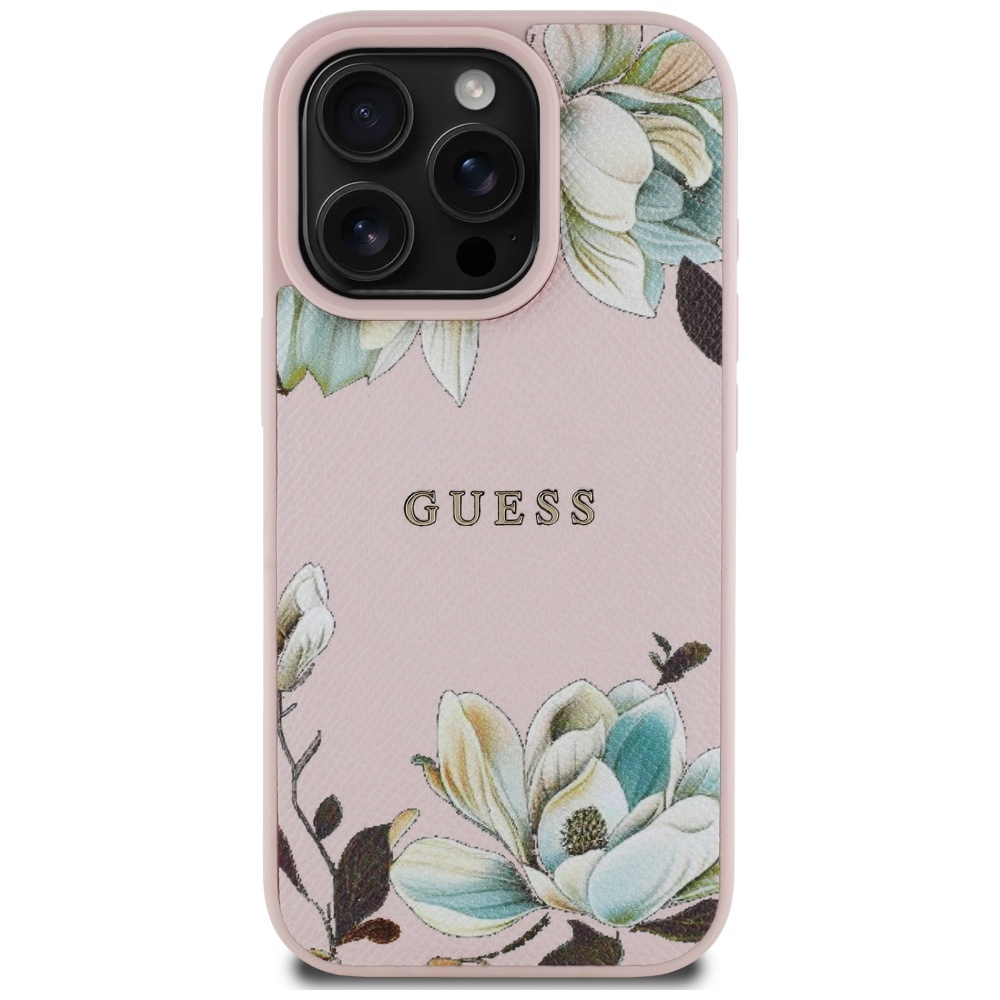 iPhone 16 Pro MagSafe Leder Hardcase Hülle Grained Printed Flower (GUHMP16LPGNMPLMP) - Rosa
