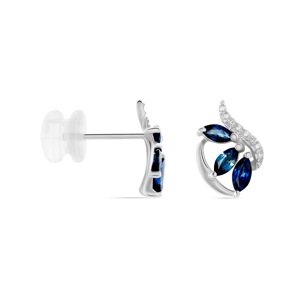 Boucles D'oreilles Puces Petale Or Blanc Saphir Et Diamant