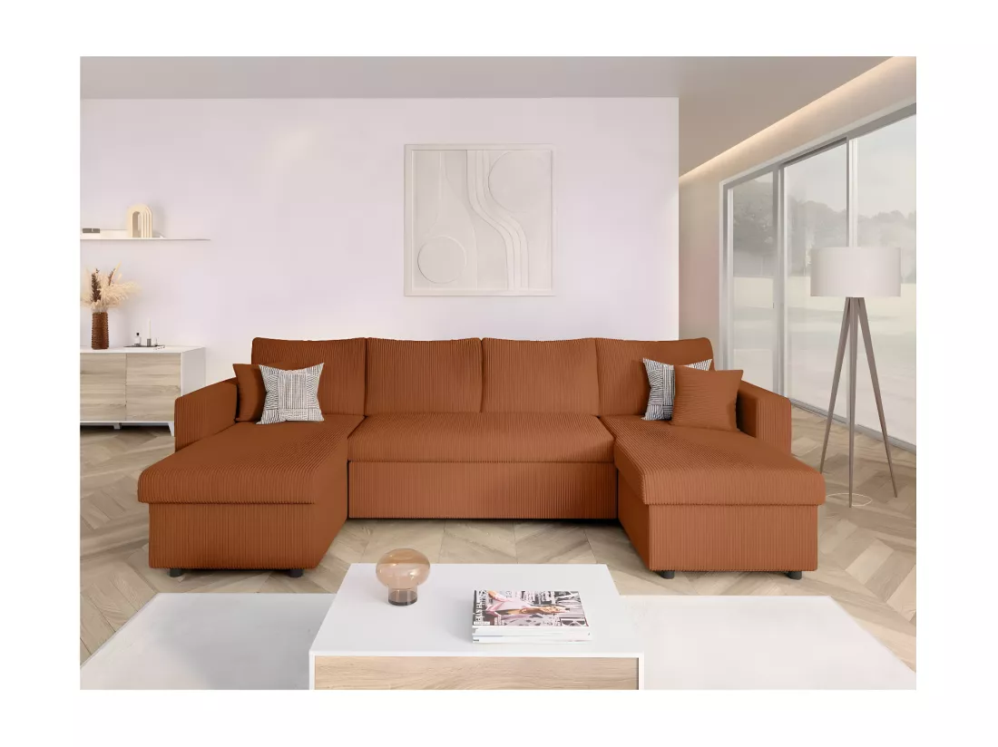 Canapé panoramique 6 places Maria convertible avec 2 coffres en velours côtelé - Terracotta - L295 x P146 x H81cm - Loungitude