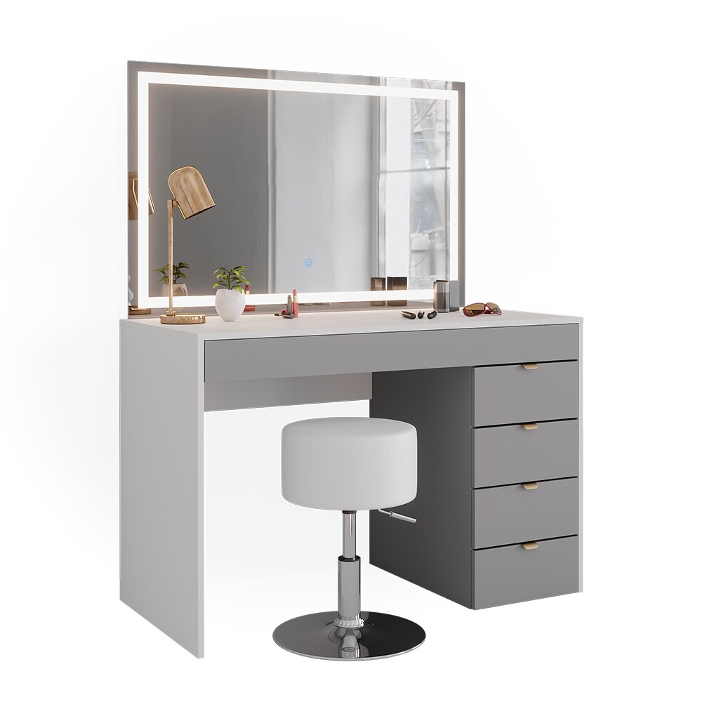 Vicco Schminktisch Elise Weiß Grau 115 x 76 cm modern Frisiertisch Schubladen LED-Spiegel Hocker