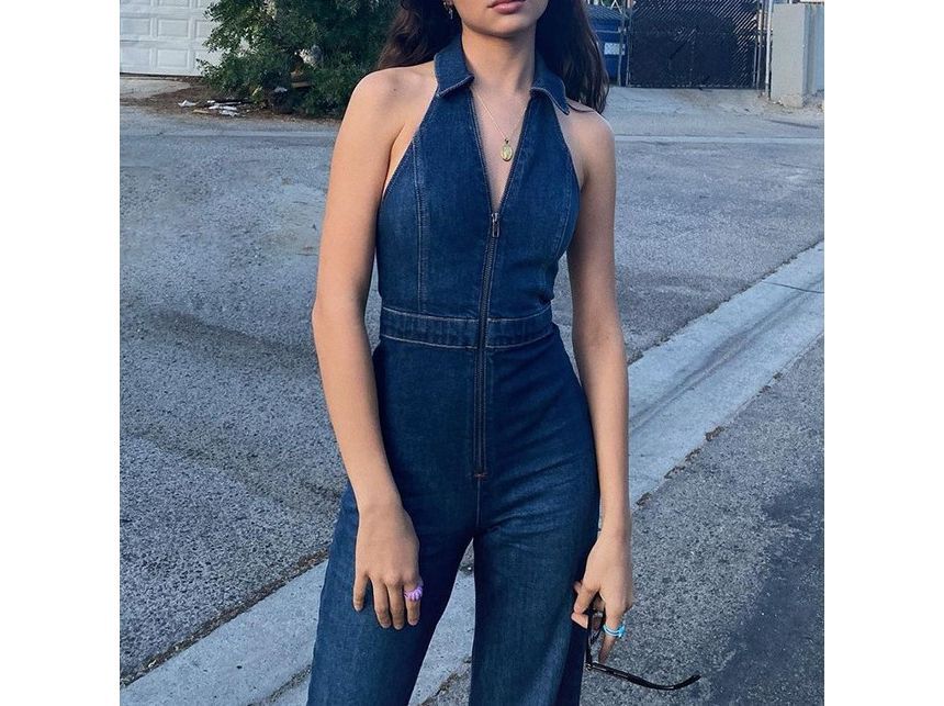 MOONGATE - Denim jumpsuit met halternek