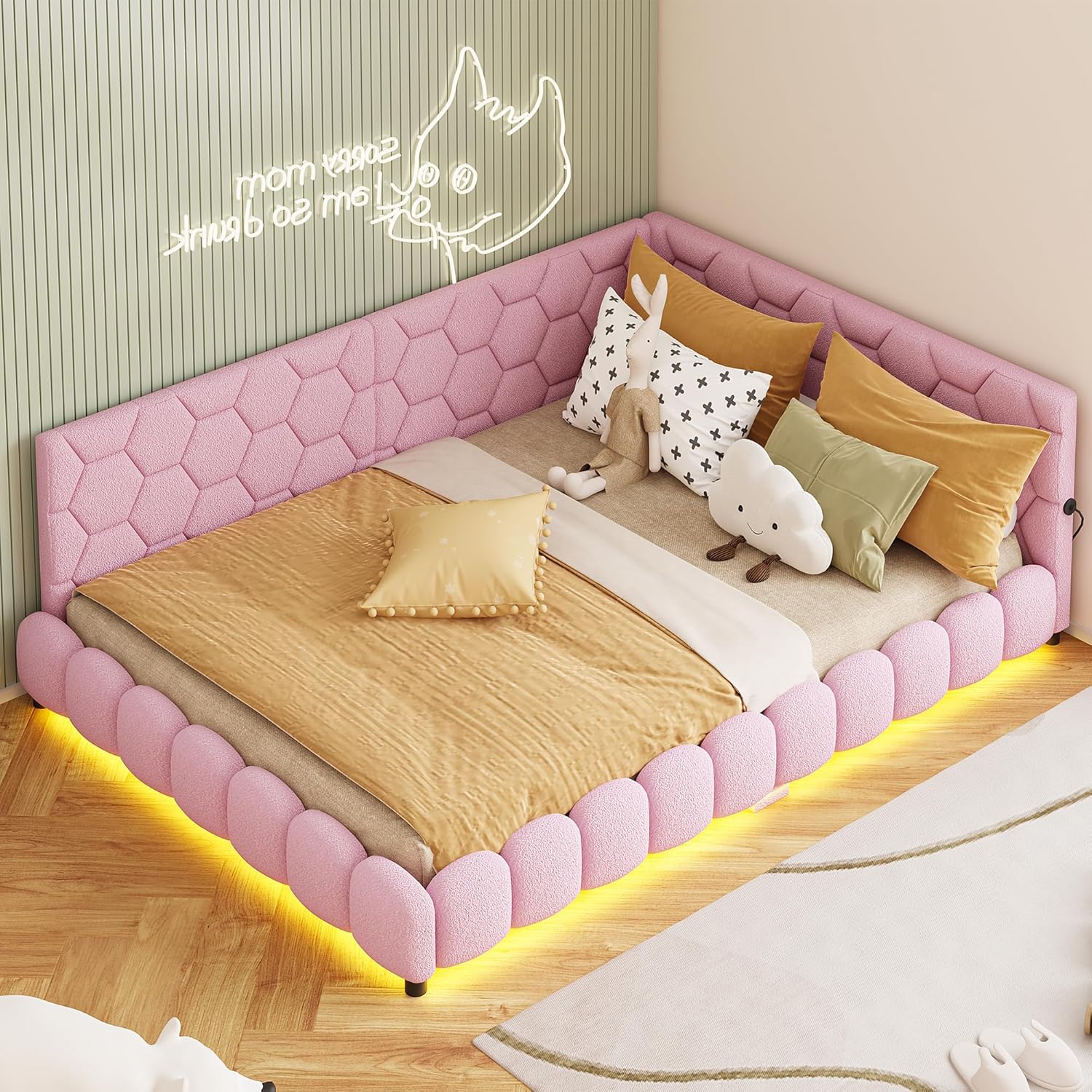 Polsterbett Schlafsofa 140x200cm, mit Umgebungslicht und USB-Anschluss, Kinderbett mit Lattenrost, Funktionsbett, Jugendbett,Lammwollmaterial, Rosa
