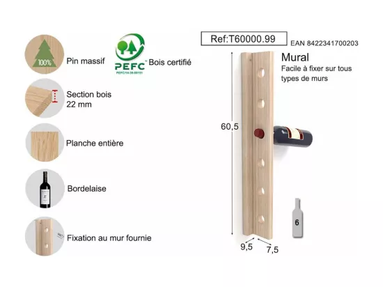 Support bouteilles mural en bois 6 bouteilles