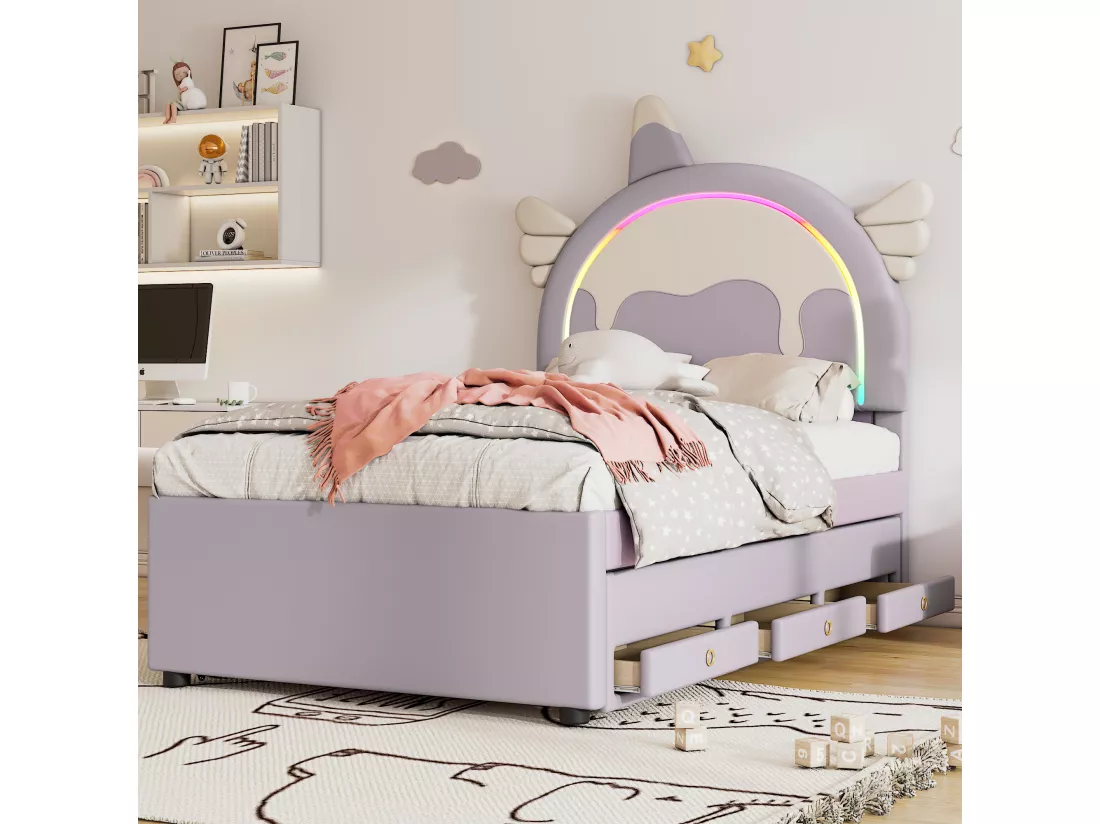 Lit gigogne 90 x 200 cm + 90 x 190 cm avec 3 tiroirs - Tête de lit en forme licorne - Similicuir - Violet