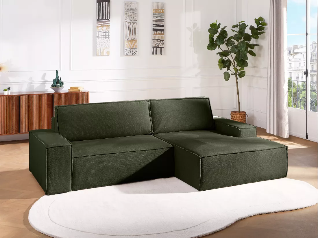 Canapé d'angle droit convertible en tissu texturé vert AMELIA