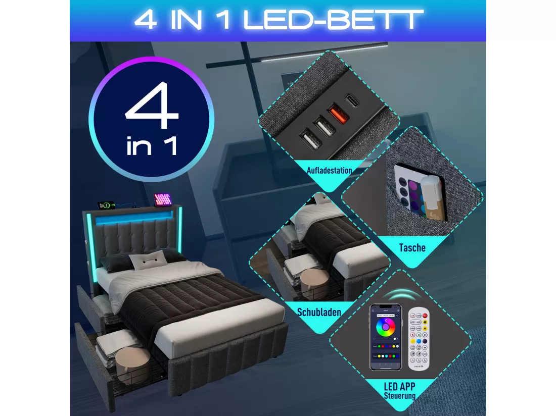 Lit capitonné 90 x 200 cm avec 2 tiroirs - Prises USB, Type C et éclairage LED - Tissu en lin - Gris (sans matelas)