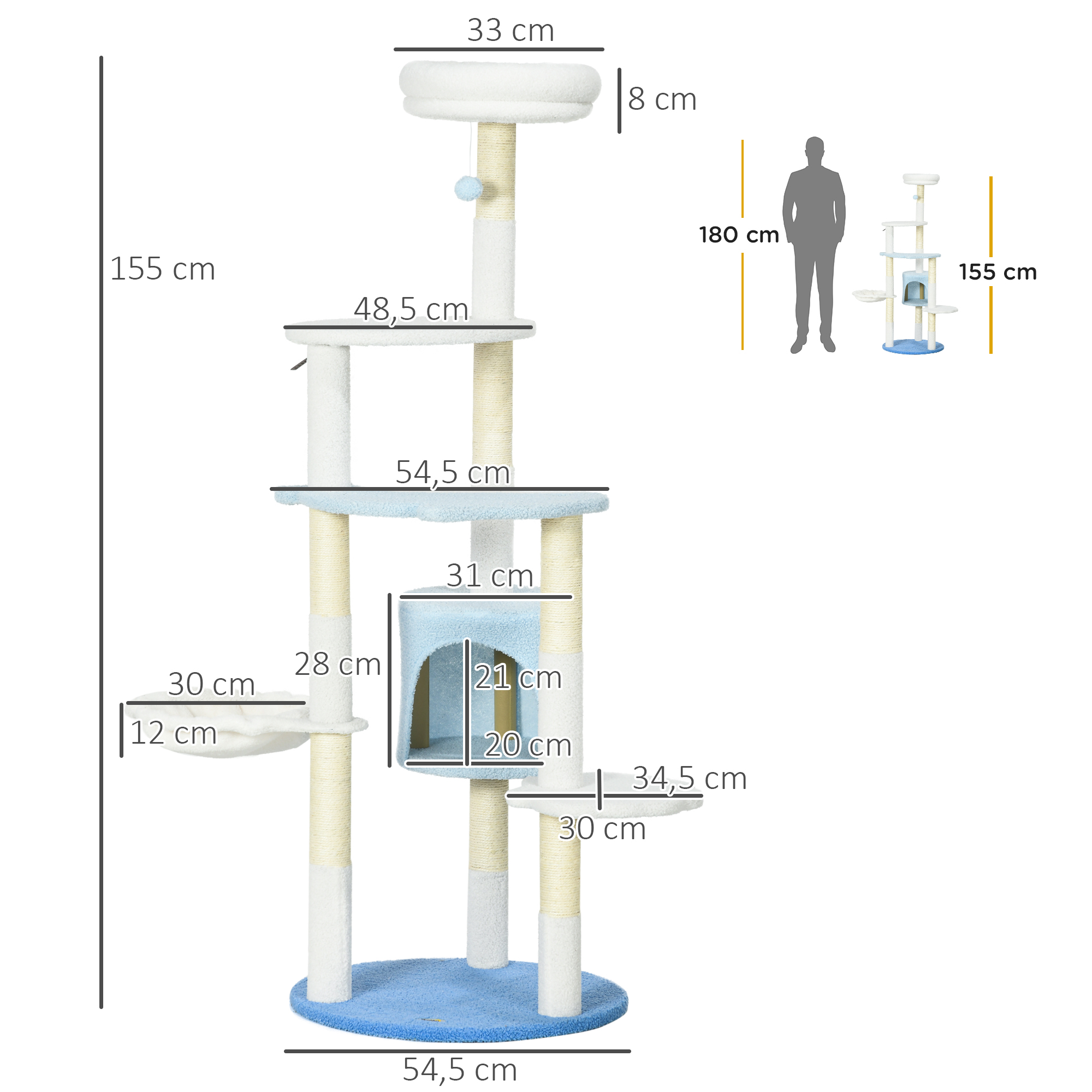 Árvore arranhadora grande PawHut de 155 cm para gatos, torre para gatos de interior com postes de sisal, cama em forma de caverna, rede e bola de brinquedo, Ø54,5 x 155 cm, branca e azul.