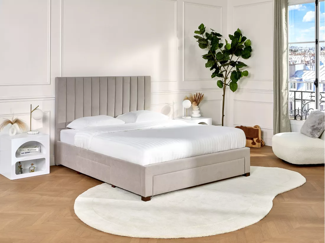 Lit avec 3 tiroirs 160 x 200 cm - Tissu - Beige + Matelas - LIAKO