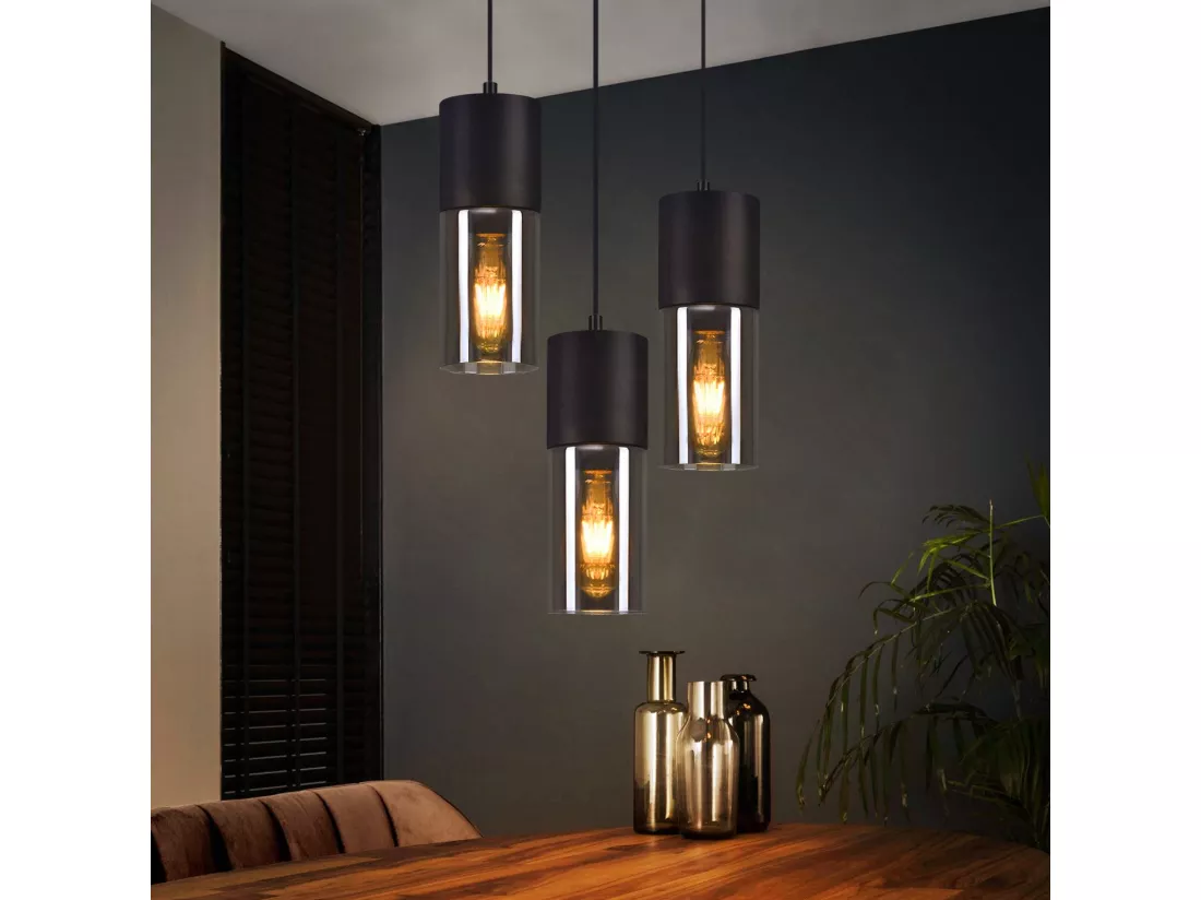 NETTLIFE Suspension 3 ampoules suspension verre E27 LED suspension ronde noire