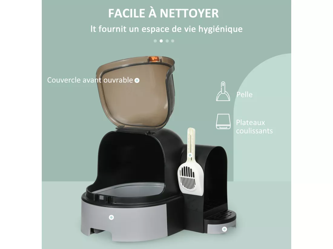 Maison de toilette litière pour chat design capsule spatiale - porte, capot ouvrant, pelle, 2 tiroirs amovibles - gris noir