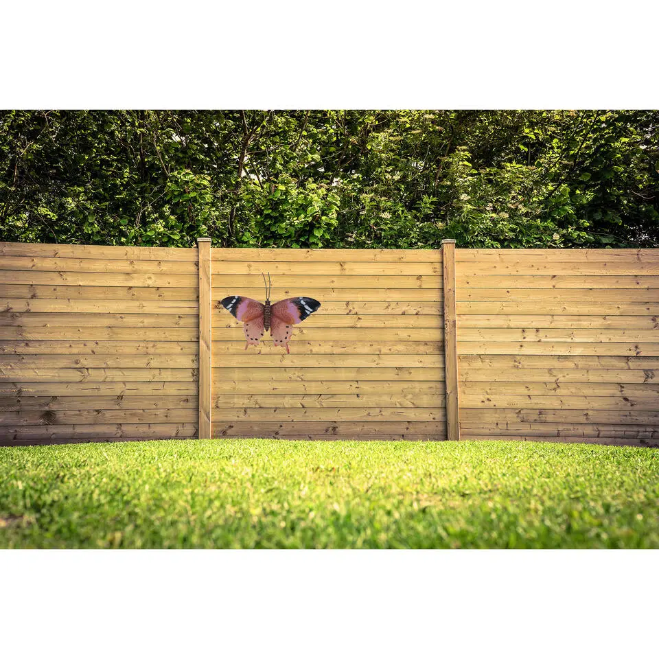 Tuindecoratie muurvlinder - bruin en roze - metaal - 44 cm