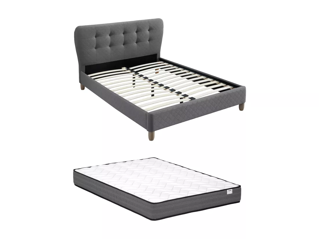 Lit 140 x 190 cm avec tête de lit capitonnée - Tissu - Gris + Matelas - ELIDE