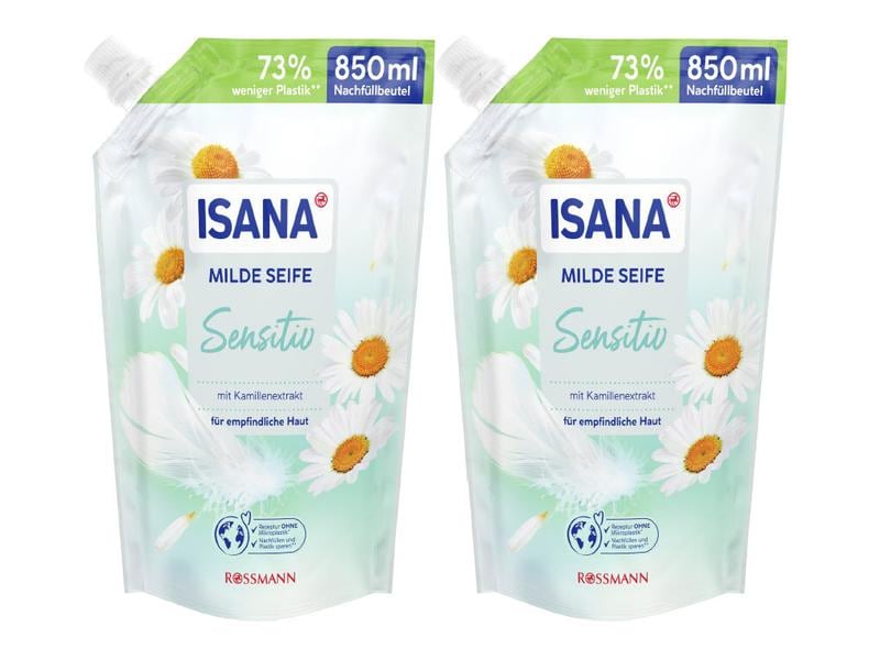Isana Flüssigseife Sensitiv Nachfüllbeutel 2 x 850 ml Milde Pflegeseife mit Kamillenextrakt