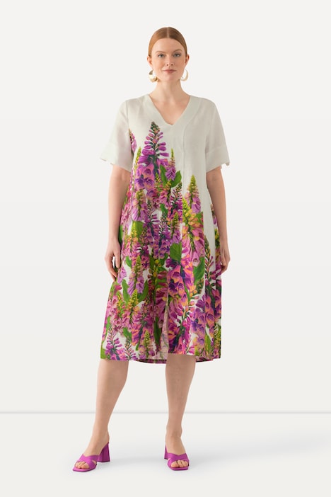 Leinen-Midikleid, Blüten, V-Ausschnitt, Halbarm