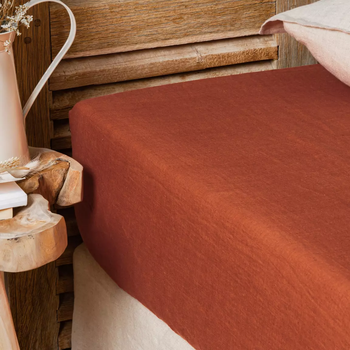 Drap housse lin lavé (180 x 200 cm) Louise Terracotta