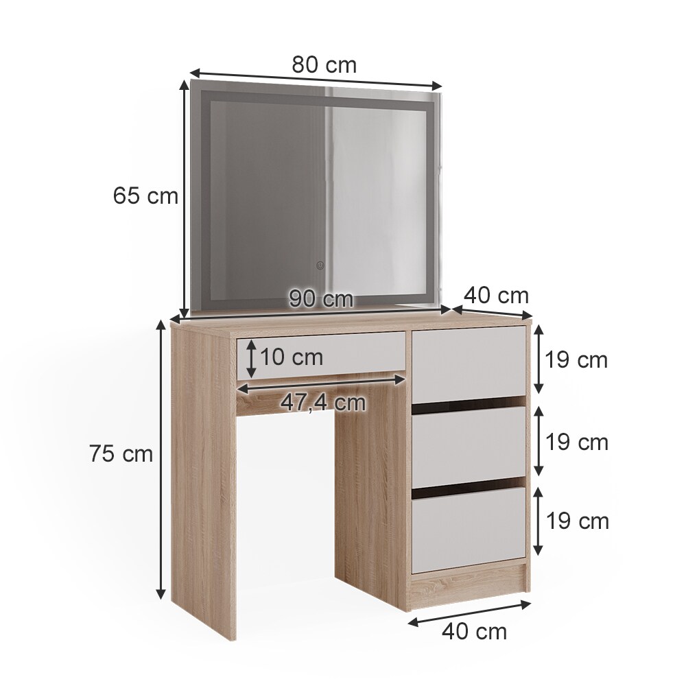 Vicco Schminktisch Sherry Sonoma Weiß 90 x 75 cm LED-Spiegel Frisiertisch modern