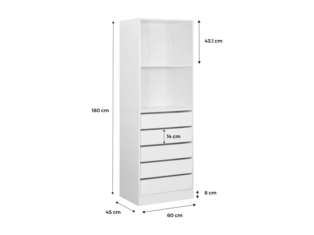 Module dressing avec 5 tiroirs et 2 étagères. blanc. panneaux stratifiés