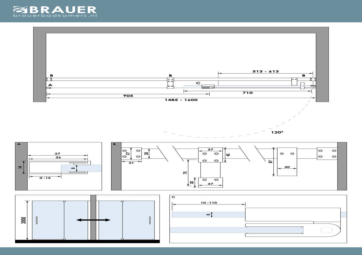 Brauer Stellar nisdeur met vaste wand 148.5-160cm koper geborsteld PVD