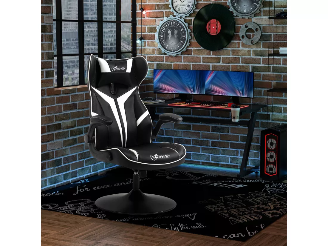 Fauteuil gaming base ronde métal pivotante 360° hauteur réglable tétière accoudoirs relevables PVC blanc noir