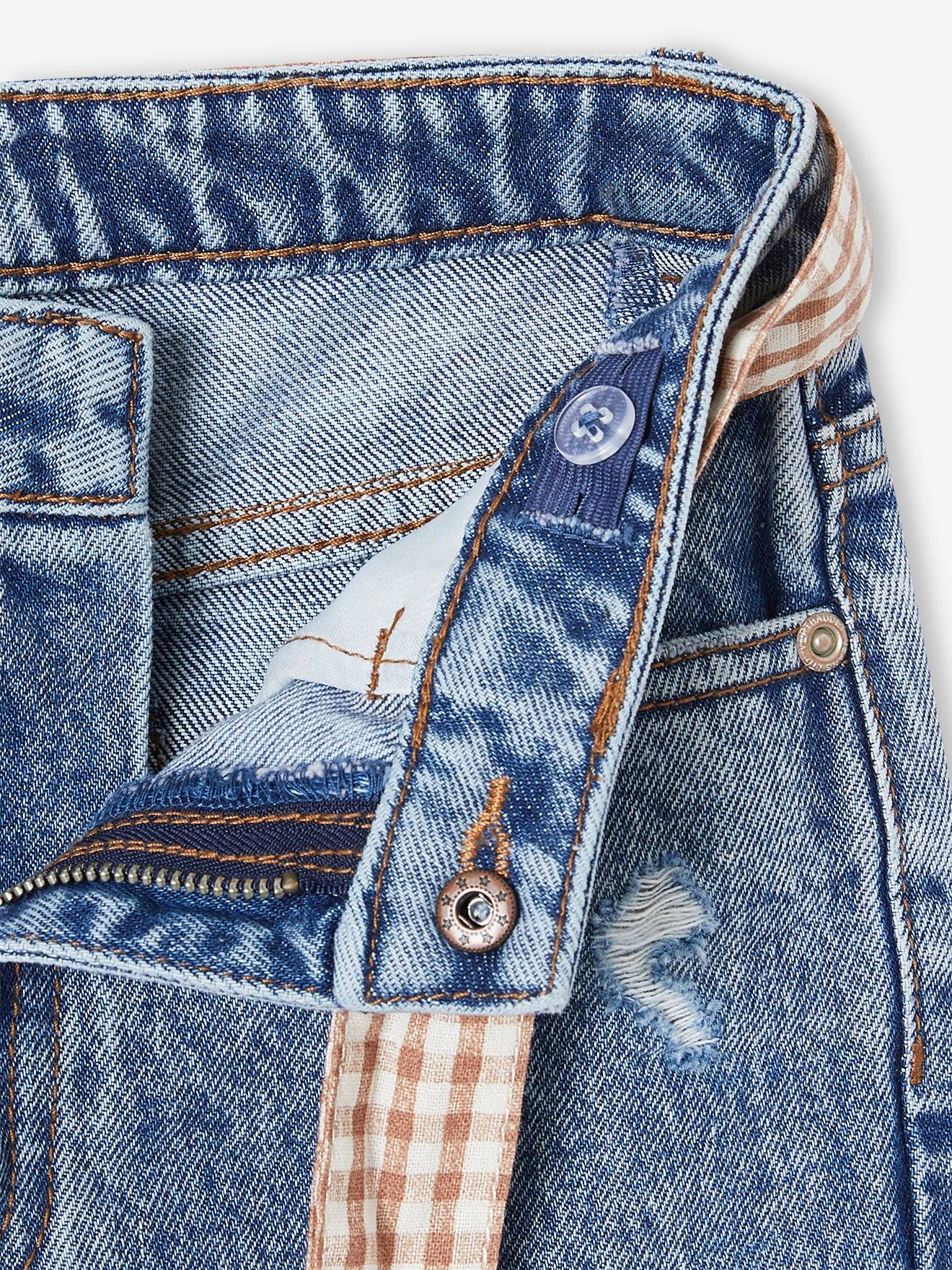 Calça jeans reta sem costura com cinto xadrez vichy para meninas