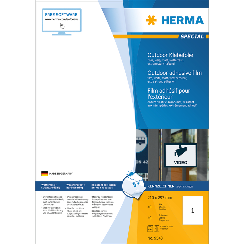 Herma Etiketten Outdoor, extra stark, 9543, 210 x 297 mm, 40 Blatt