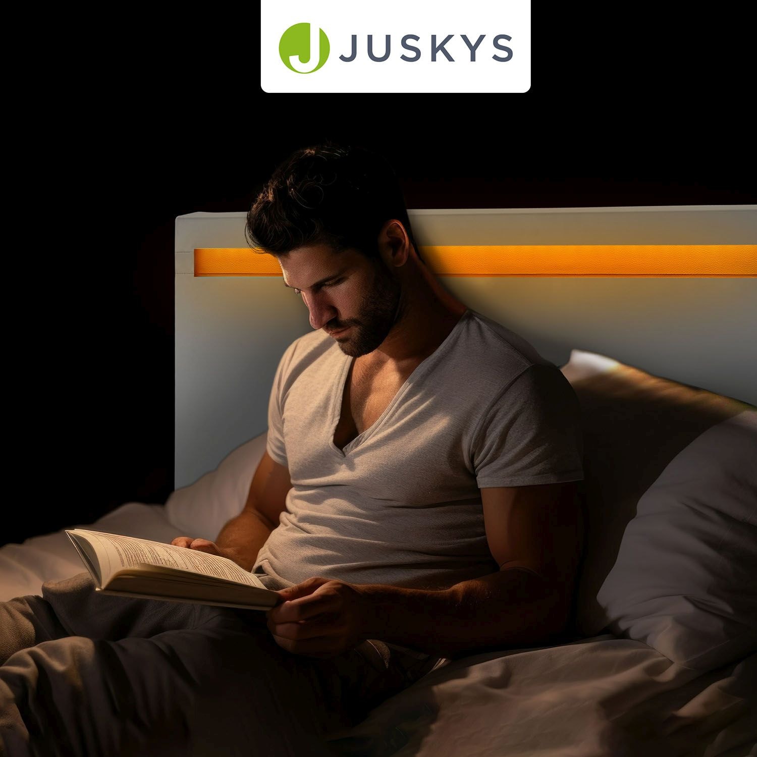 Juskys Polsterbett Paris 140 x 200 cm weiß – Bett mit LED Beleuchtung, Lattenrost & Kopfteil