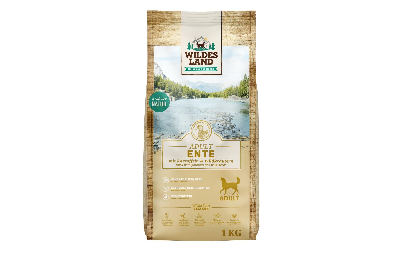 Trockenfutter Ente mit Kartoffeln & Wildkräutern, 1 kgAlleinfutter aus Entenfleisch mit Kartoffeln & Wildkräutern