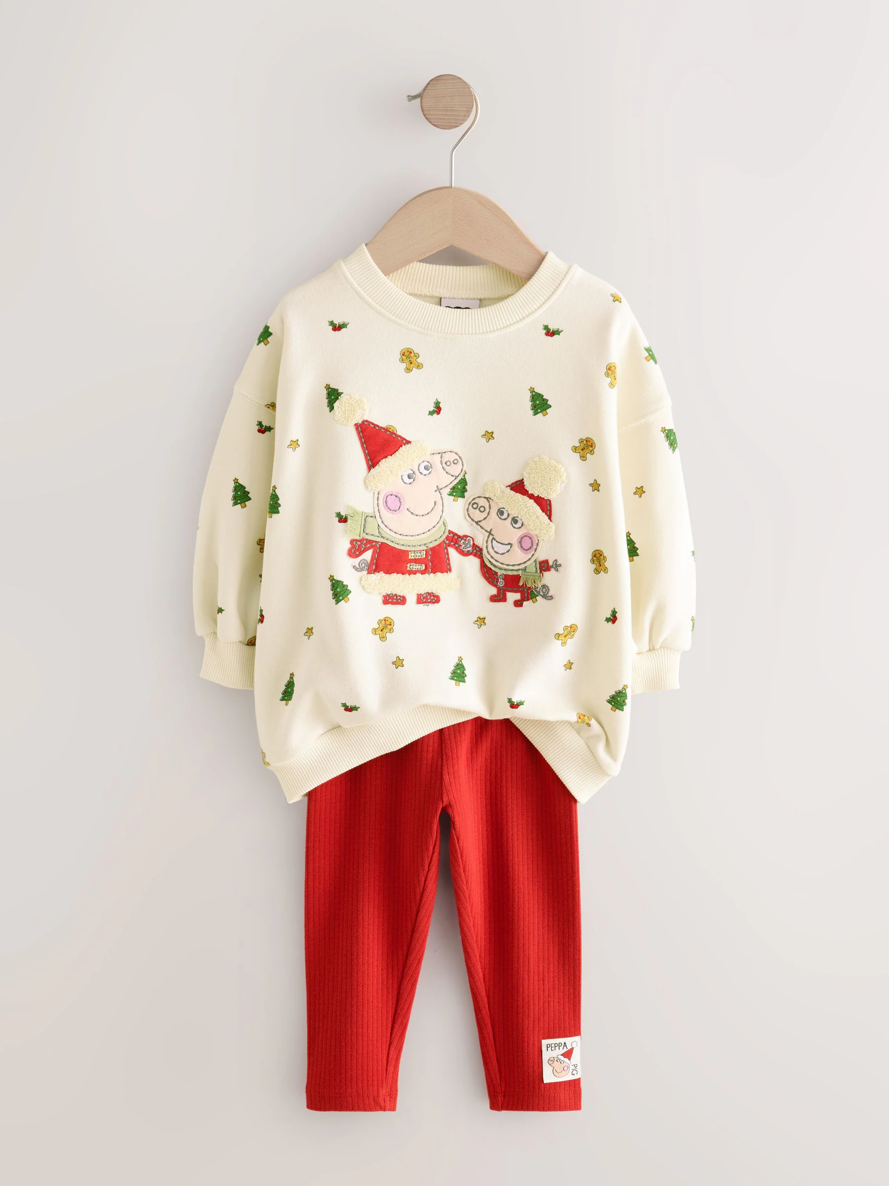 Crème/Rood Kerstmis - Peppa Pig set met sweatshirt met ronde hals en legging (3mnd -7jr)