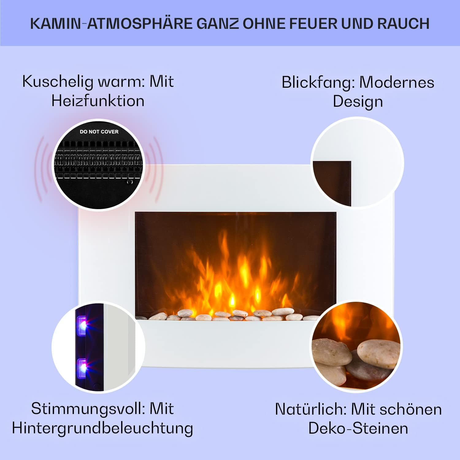 KLARSTEIN Elektrischer Kamin für den Innenbereich, elektrische Heizung mit 2000 W, künstlicher Wandkamin mit Flammeneffekt aus LED, Fernbedienung inklusive, programmierbar, Timer, Thermostat