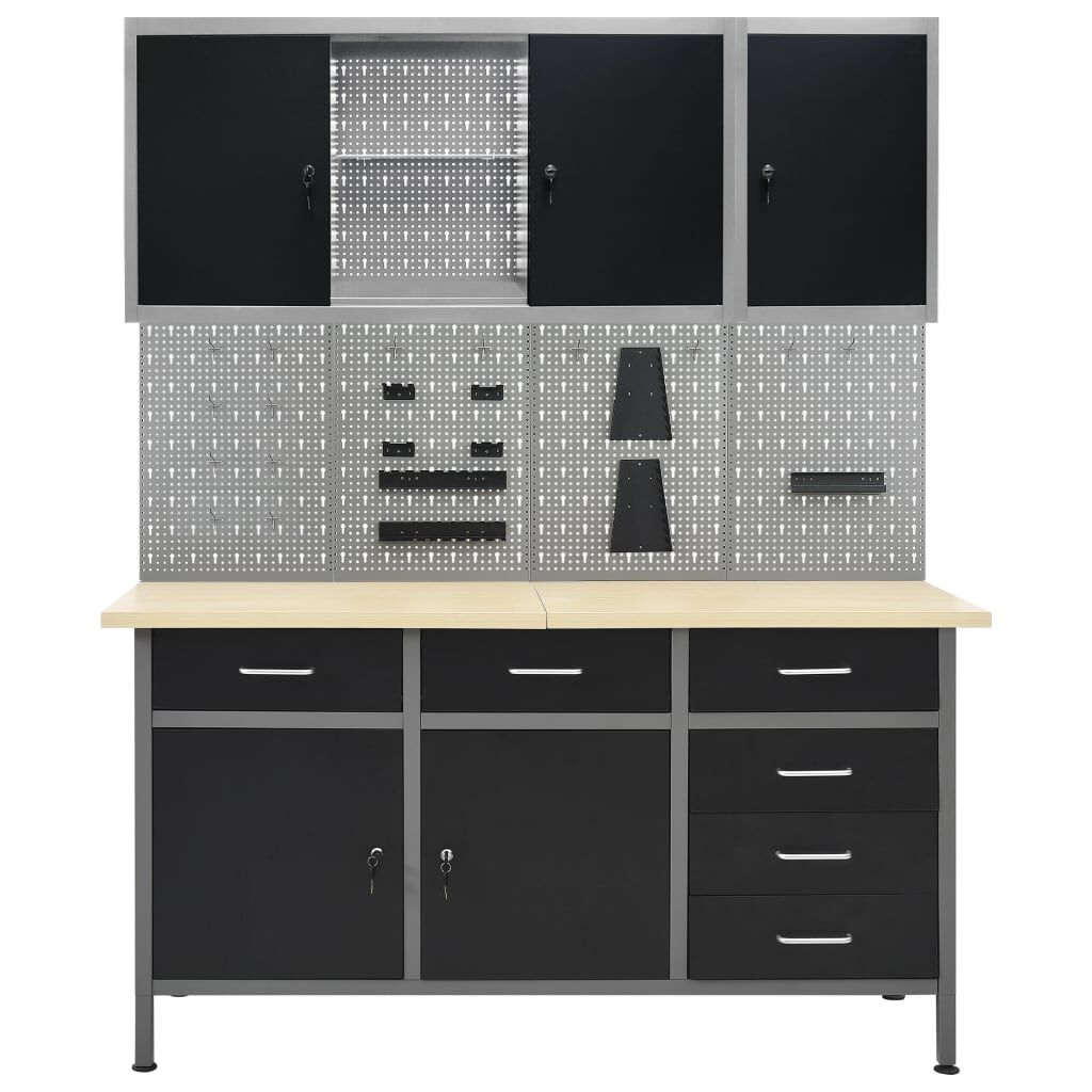 vidaXL Werktafel met 4 Wandpanelen en 2 Kasten