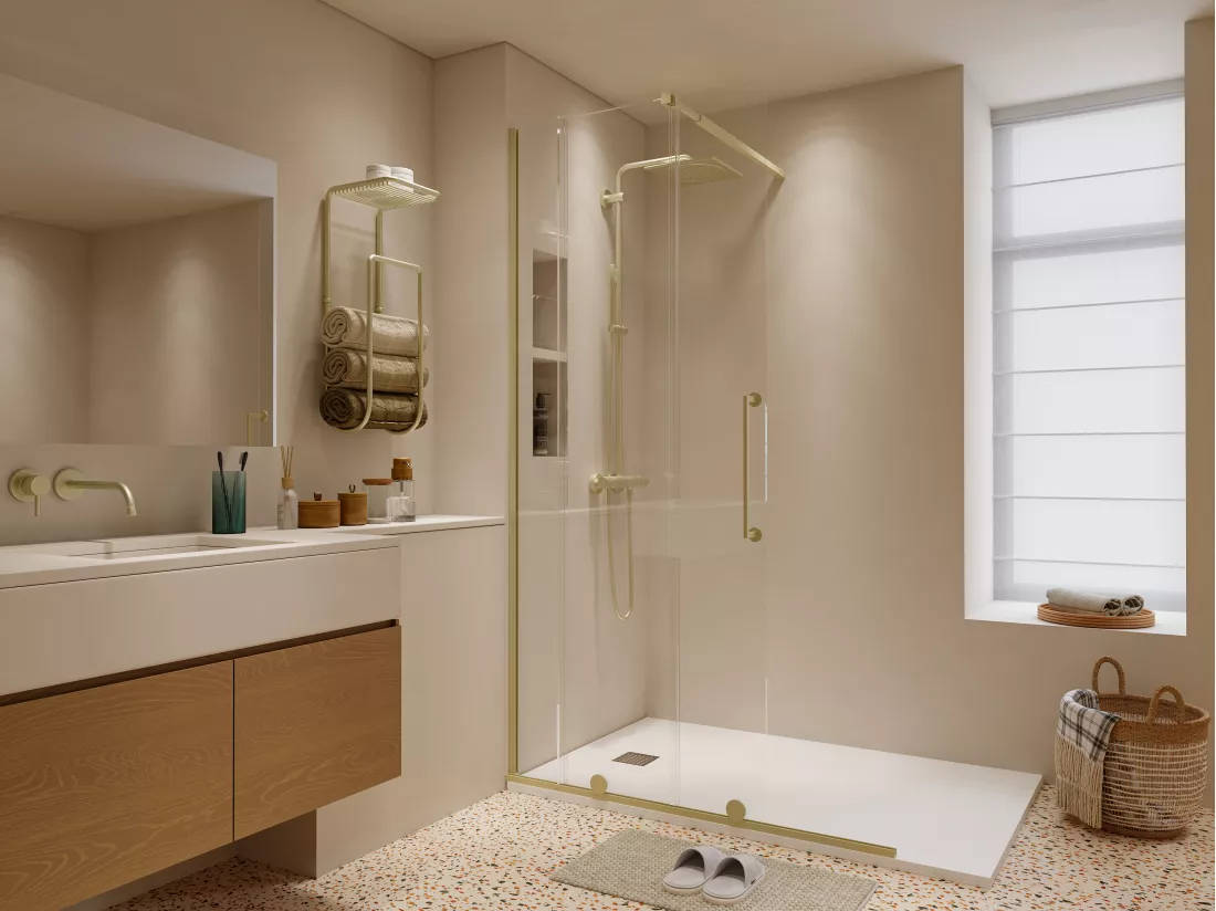 Paroi de douche à l'italienne avec porte coulissante en métal style industriel - Doré - 120 x 200 cm - YOREM